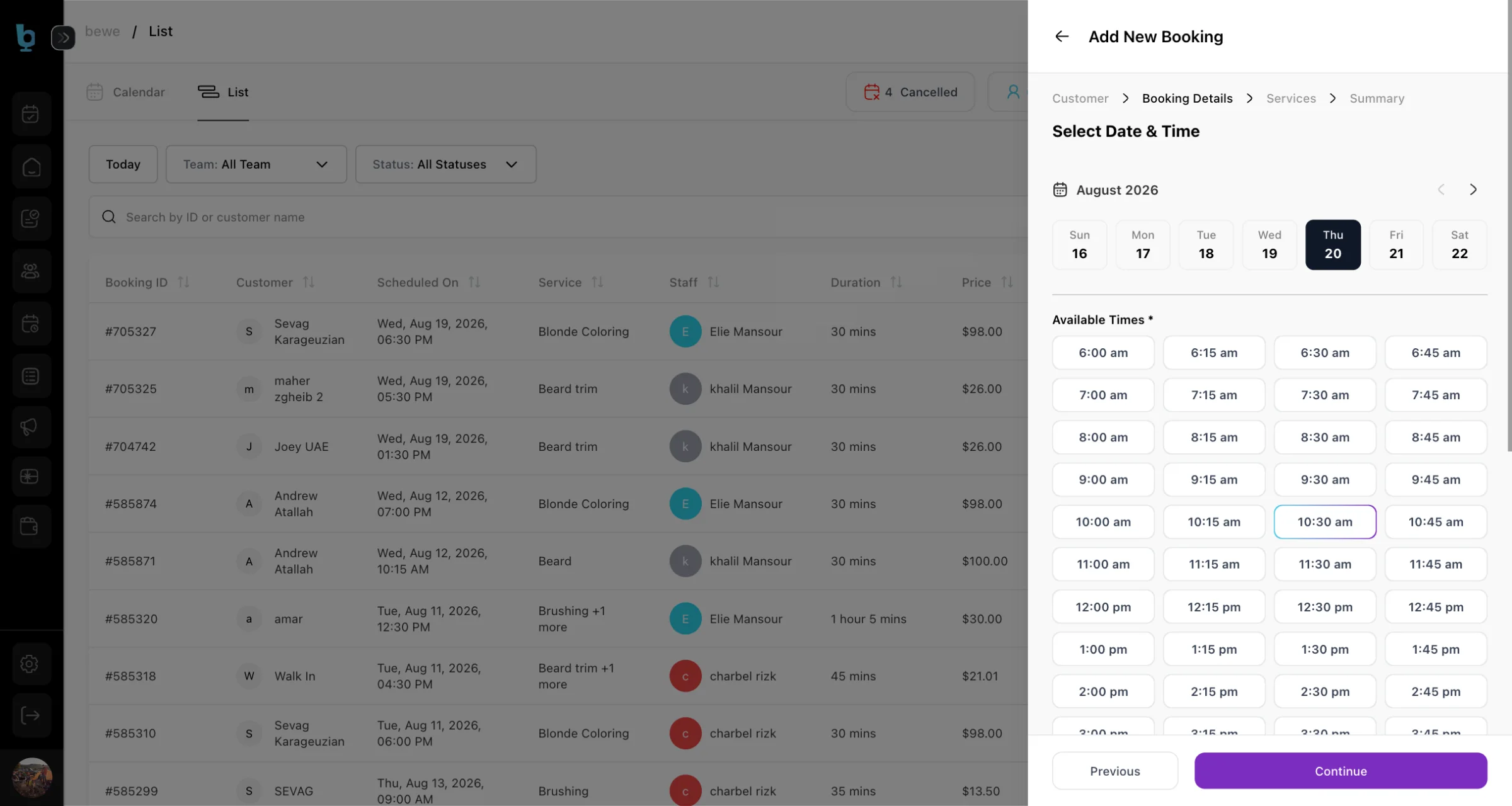 BEWE vendor calendar and appointments interface